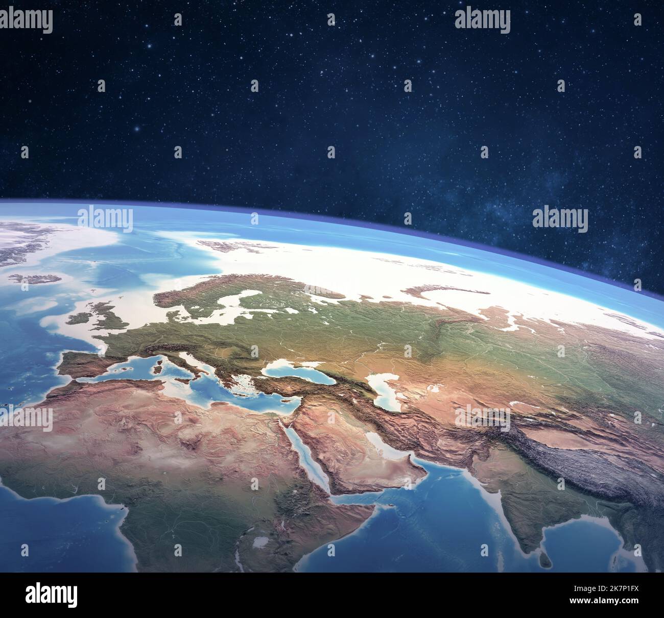 Satellitenansicht des Planeten Erde mit hohem Winkel, fokussiert auf Europa, Ostasien und Nordafrika - Elemente dieses Bildes, die von der NASA bereitgestellt wurden Stockfoto