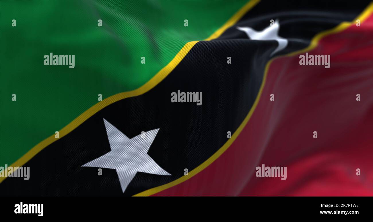 Nahaufnahme der Nationalflagge von St. Kitts und Nevis, die im Wind wehen. Saint Kitts and Nevis Federation ist ein Inselstaat in Mittelamerika. Fri Stockfoto