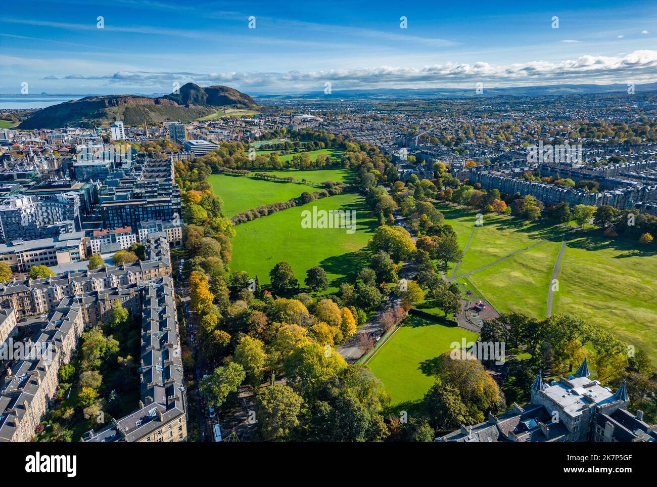 Luftaufnahme der Meadows und Bruntsfield Links in Edinburgh, Schottland, Großbritannien Stockfoto