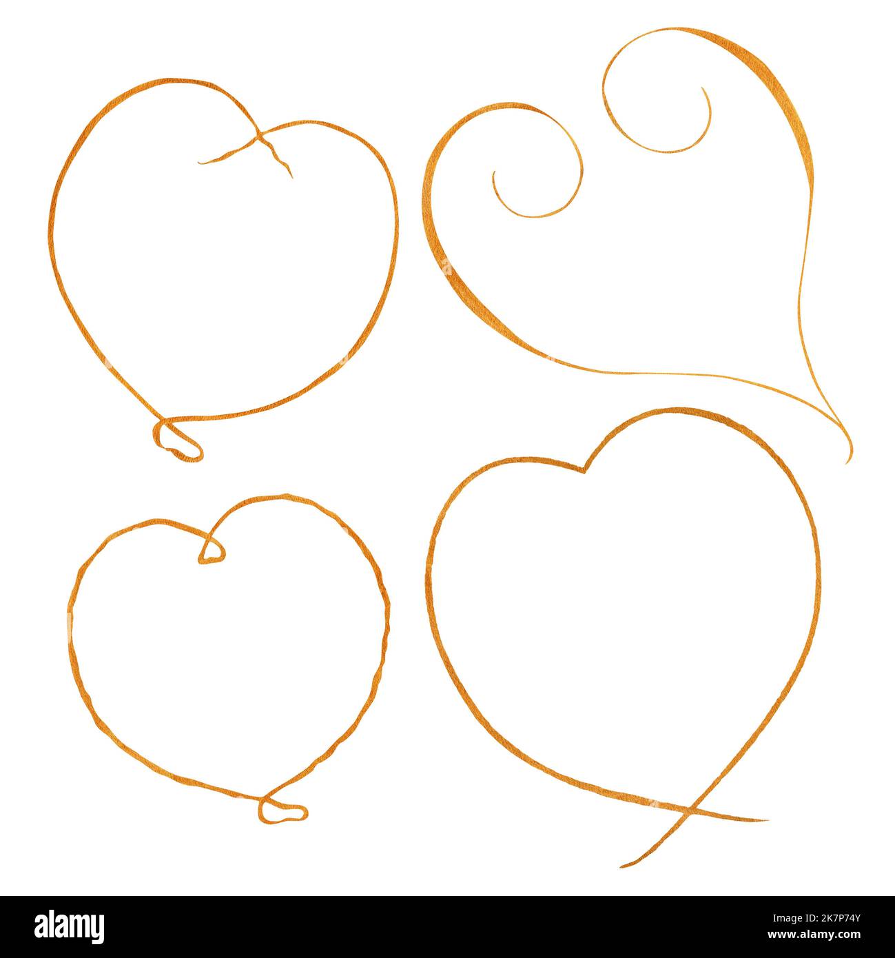 Sammlung von goldenen Herzen mit Platz für Text isoliert auf weißem Hintergrund. Als Hintergrund für Valentinstag, Geburtstag, Muttertag, Hochzeitskarten. Stockfoto