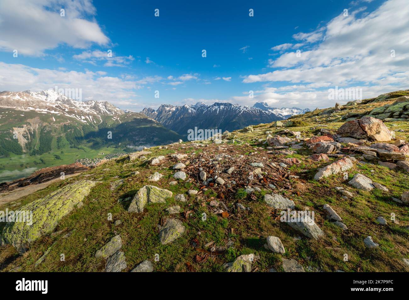 Celerina und Engadiner alpen, St. Moritz, Silvaplana und Maloja von Muottas Muragl Stockfoto