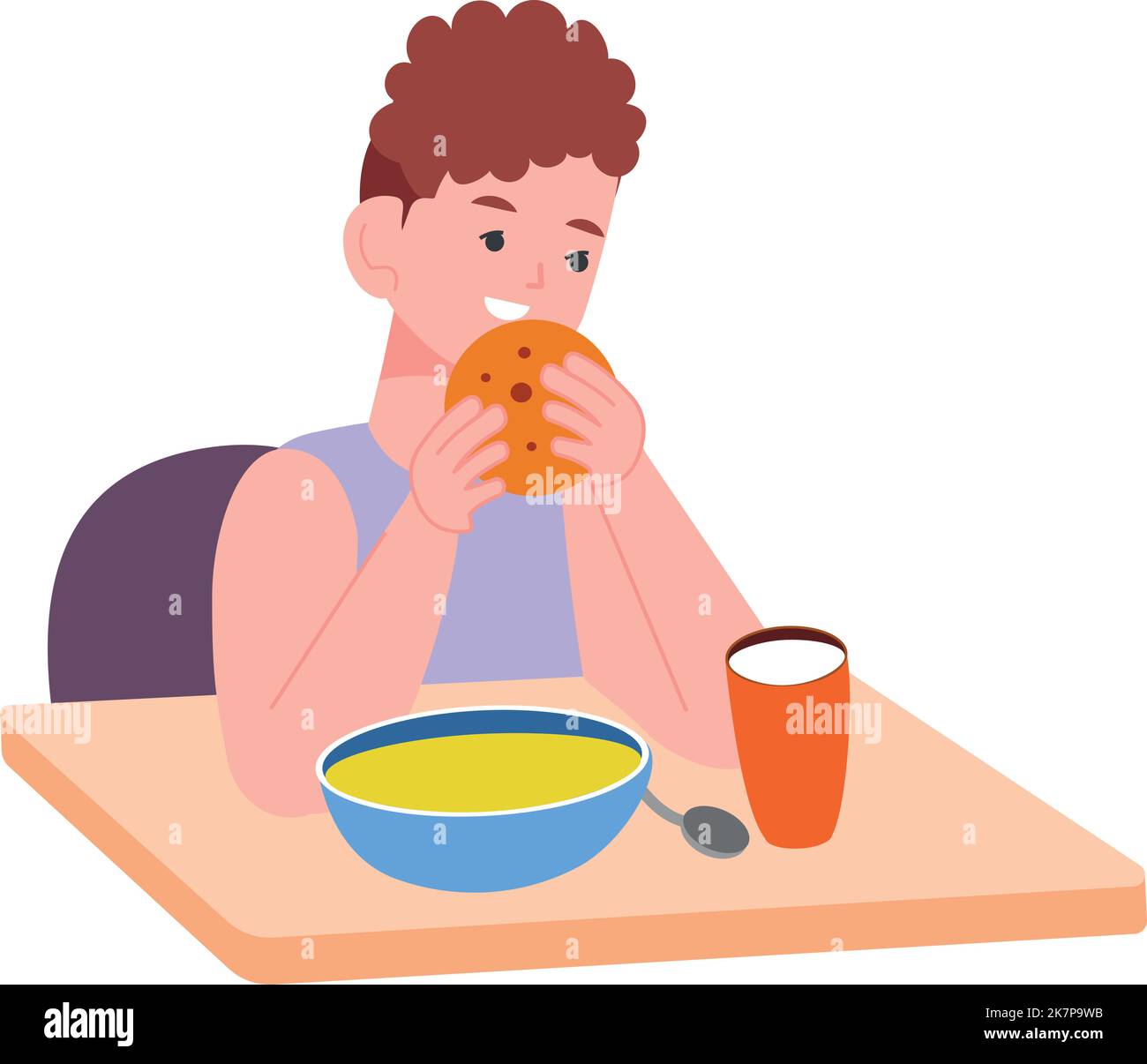 Kind beim Frühstück. Fröhlicher Junge sitzt am Tisch. Kinderernährung auf weißem Hintergrund isoliert Stock Vektor