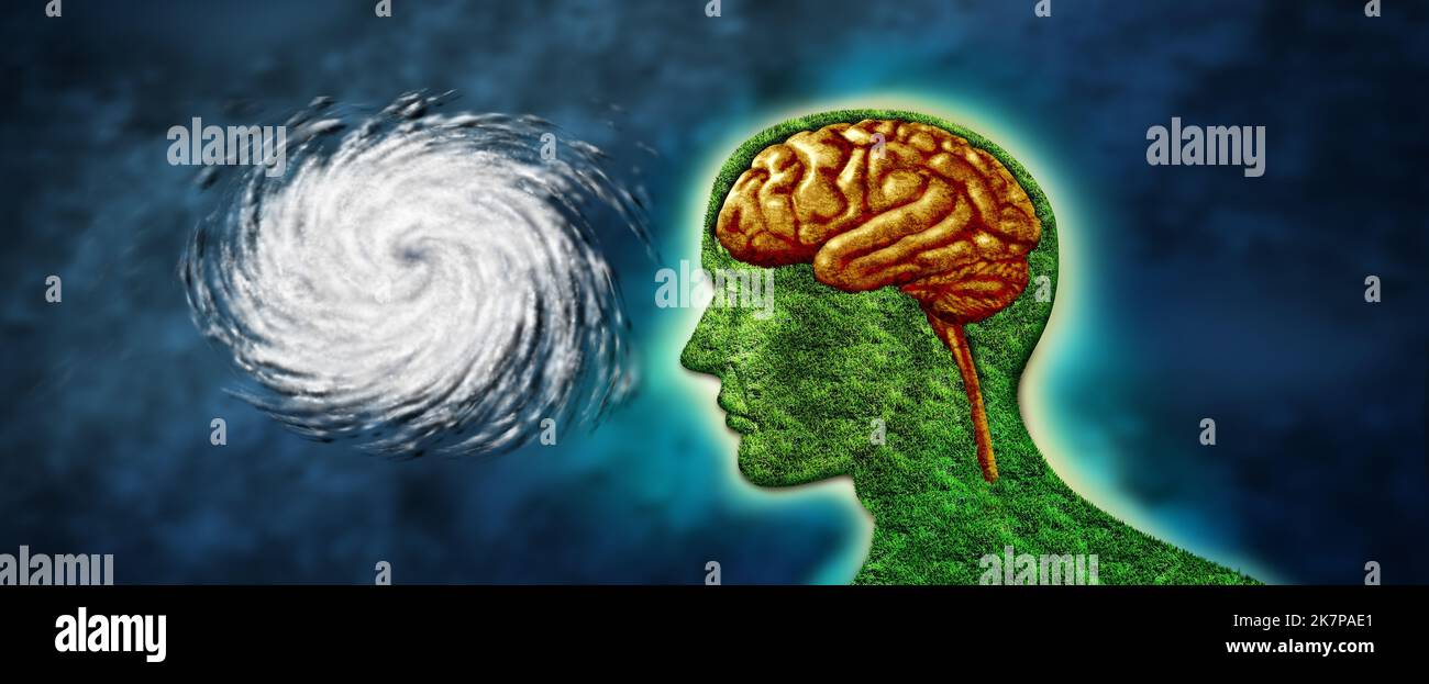 Herausforderungen der psychischen Krise und psychiatrischen Stress oder Hirnstörungen Konzept als ein menschlicher Geist mit einem Hurrikan auf eine Kopfinsel. Stockfoto