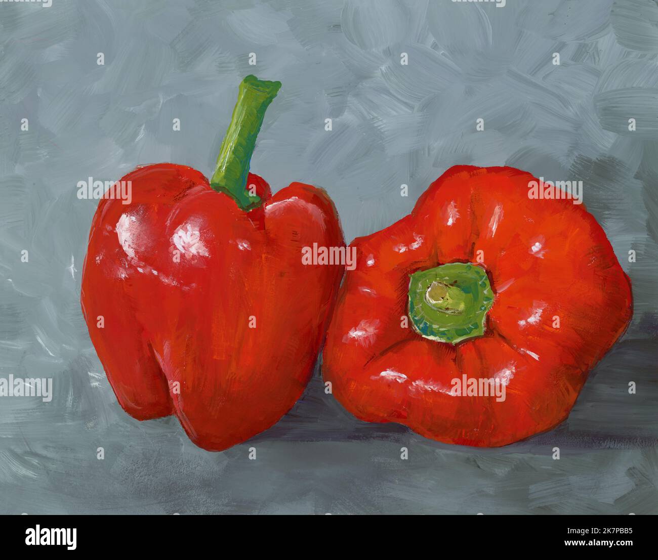 Ein Gouache-Gemälde mit frischen roten Paprika. Stockfoto