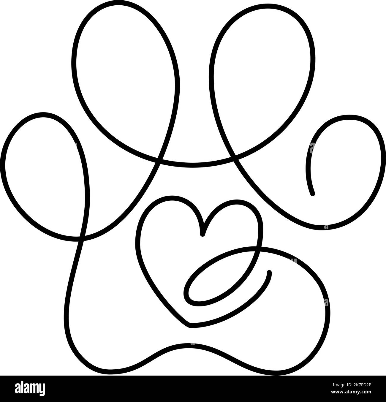 Herz mit Katze oder Hundepfote in kontinuierlicher Einzelzeilenzeichnung. Minimale Strichkunst Tier-Foorprint im Herzen. PET Love-Konzept Stock Vektor