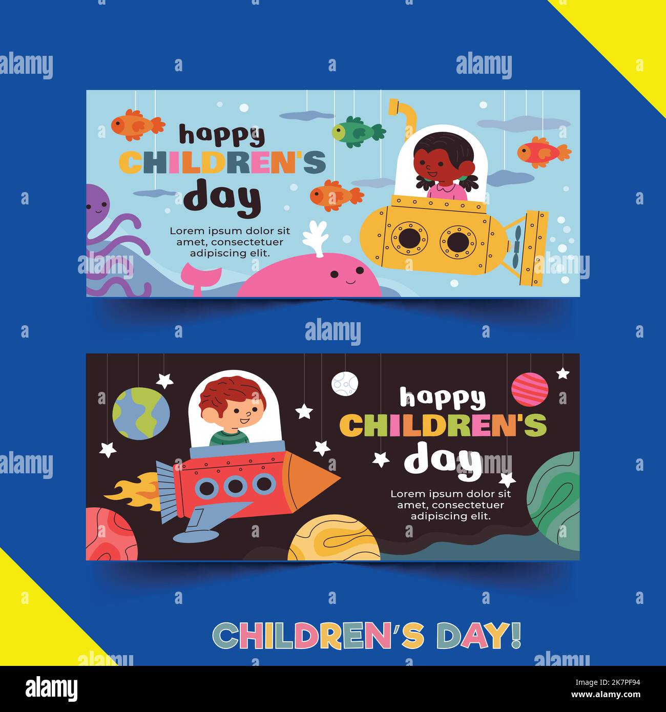 Handgezeichnete flache Welt Kinder s day horizontale Banner Set Vektor Design Illustration Stock Vektor