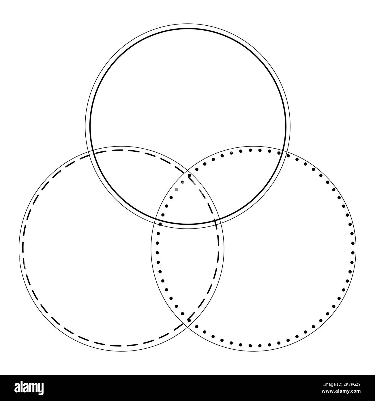 Venn-Diagramm drei Linien und gestrichelte Linien verschmelzen Kreise Diagramm Infografik Zeichen. Stock Vektor