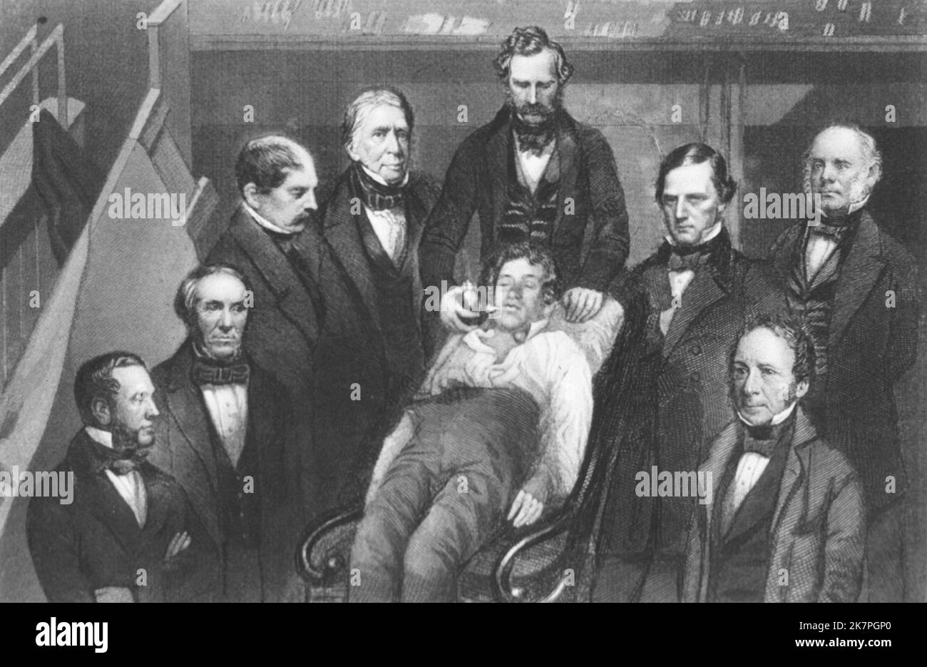 William Thomas Green Morton (1819 – 1868) amerikanischer Zahnarzt und Arzt, der 1846 erstmals öffentlich den Einsatz von inhaliertem Äther als Operationsanest demonstrierte. William T.G. Morton, M.D. Boston, die erste öffentliche Demonstration der Ätherisierung, umgeben von medizinischem Personal. Von links nach rechts: 1. Dr. Henry J. Bigelow; 2. Dr. Augustus A. Gould; 3. Dr. J. Mason Warren; 4. Dr. John C. Warren; 5. Dr. William T. G. Morton; 6. Dr. Samuel Parkman; 7. Dr. George Hayward; 8. Dr. T. D. Townsend. Stockfoto