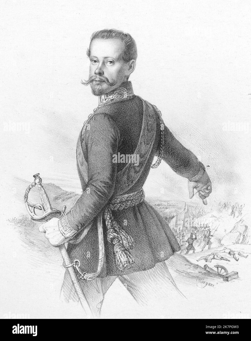 Victor Emmanuel, mit einer Schlacht im Hintergrund (1848) von Paolo Emilio Morgari Victor Emmanuel II. (1820 – 1878) König von Sardinien vom 1849. Bis 17. März 1861 Stockfoto