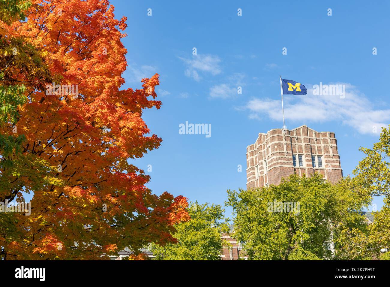 Die Flagge der University of Michigan überfliegt die Studentenvereinigung mit Herbstfarben im Vordergrund Stockfoto