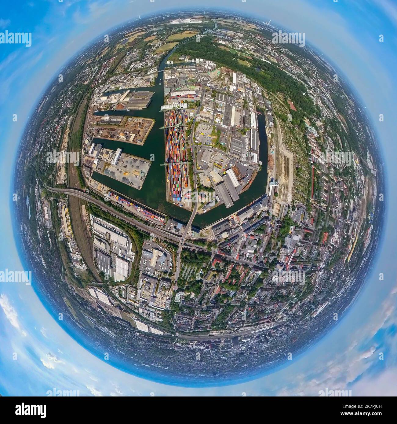 Luftbild, Hafen Dortmund, Fisheye Aufnahme, Fischaugen Aufnahme, 360 Grad Aufnahme, Hafen, Dortmund, Ruhrgebiet, Nordrhein-Westfalen, Deutschland, Kontra Stockfoto