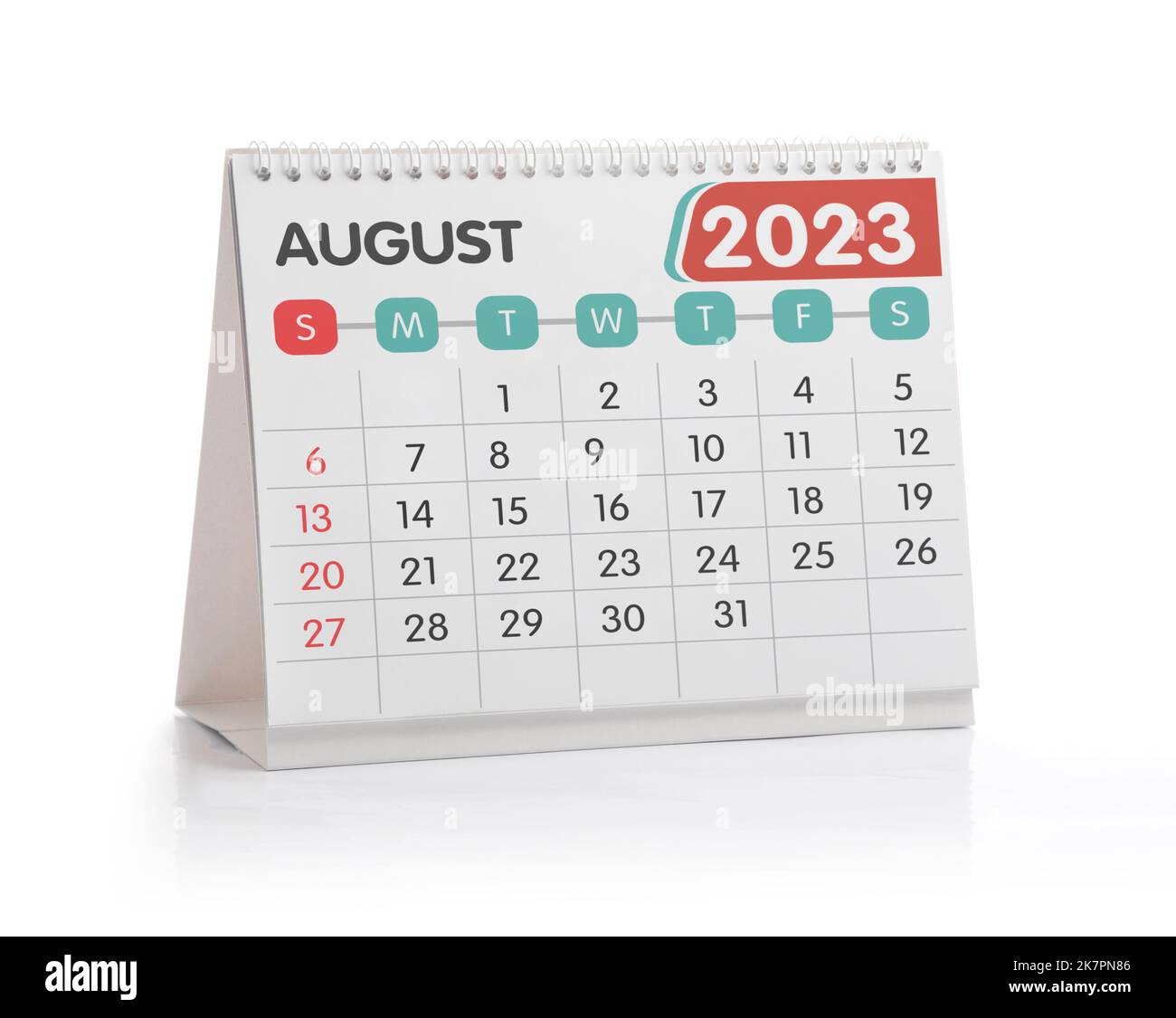 August 2023 Office Kalender isoliert auf Weiß Stockfoto