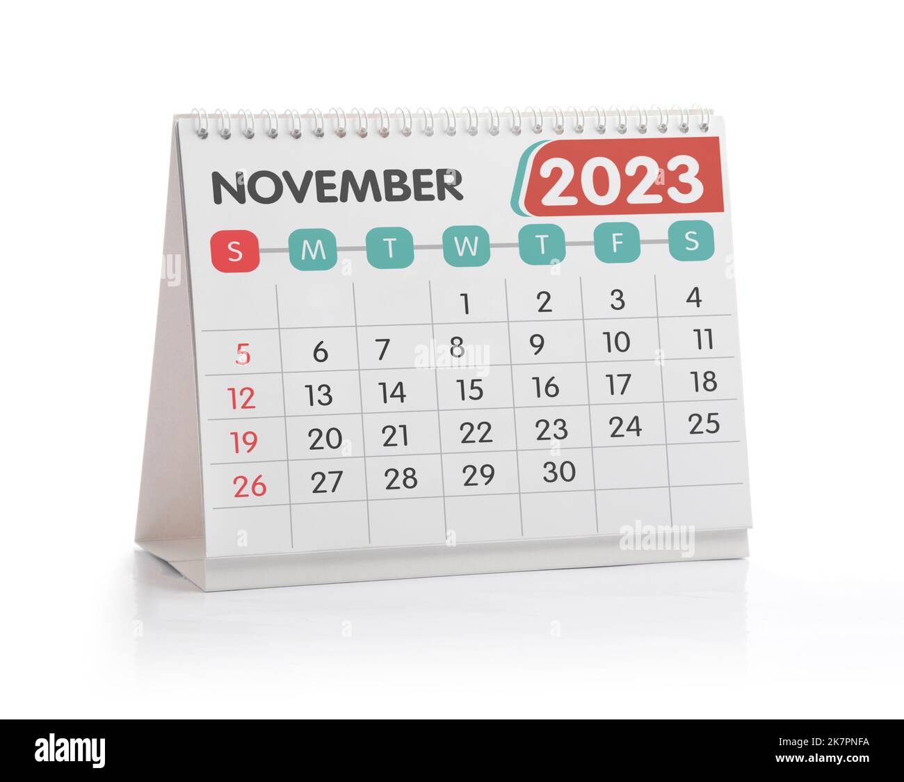 November 2023 Office Kalender isoliert auf Weiß Stockfoto