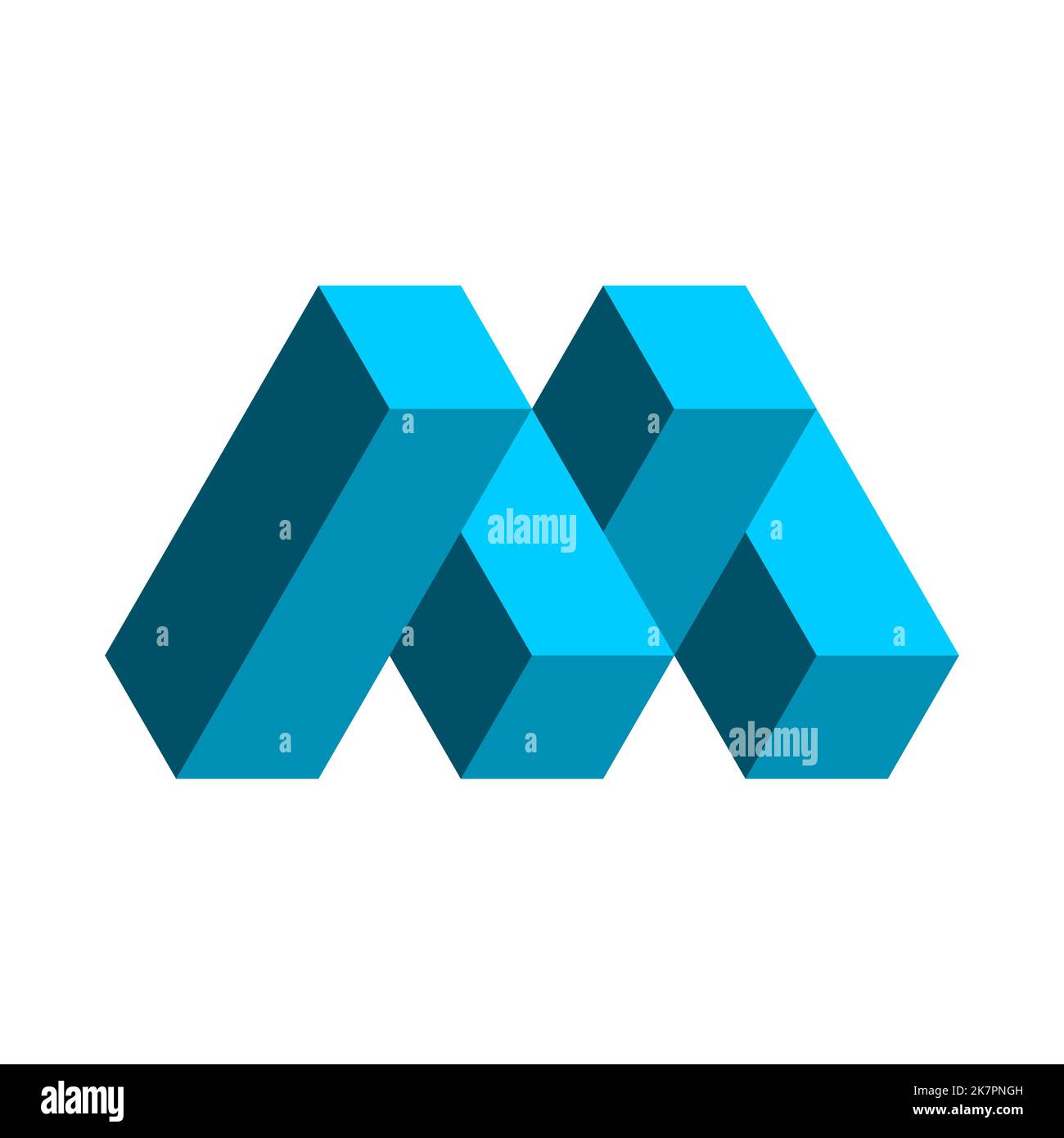vorlage für M-Logo mit 3D Buchstaben. Buchstabe M aus Rechtecken. Unmögliche Würfelform. Blaues isometrisches Designelement. Architektur, Bauwesen. Vektor Stock Vektor