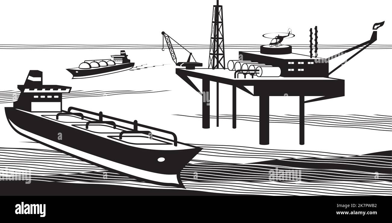 Tanker, die Benzin von Offshore-Ölplattform laden - Vektorgrafik Stock Vektor