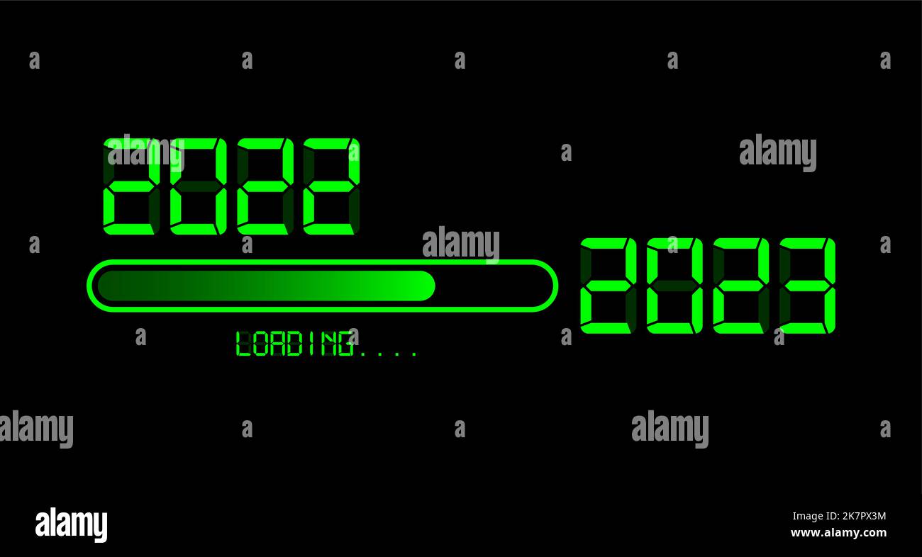 2022 mit Beladung bis zu 2023 Frohes neues Jahr. Grün LED Neon Digital Time Style. Die Fortschrittsanzeige erreicht fast den Silvesterabend. Vektorgrafik Stock Vektor