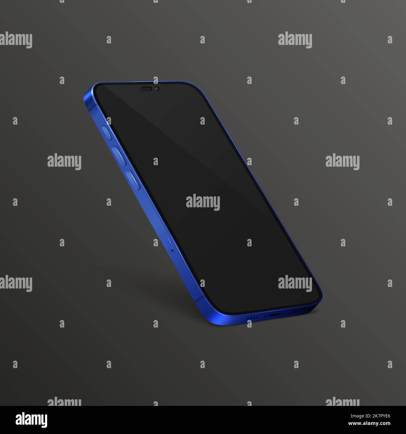 Vector 3D Realistic Blue Modern Smartphone Design Template mit schwarzem Bildschirm. Mobiltelefon Isoliert. Phone Device UI UX, Phone in Half Turn View Stock Vektor