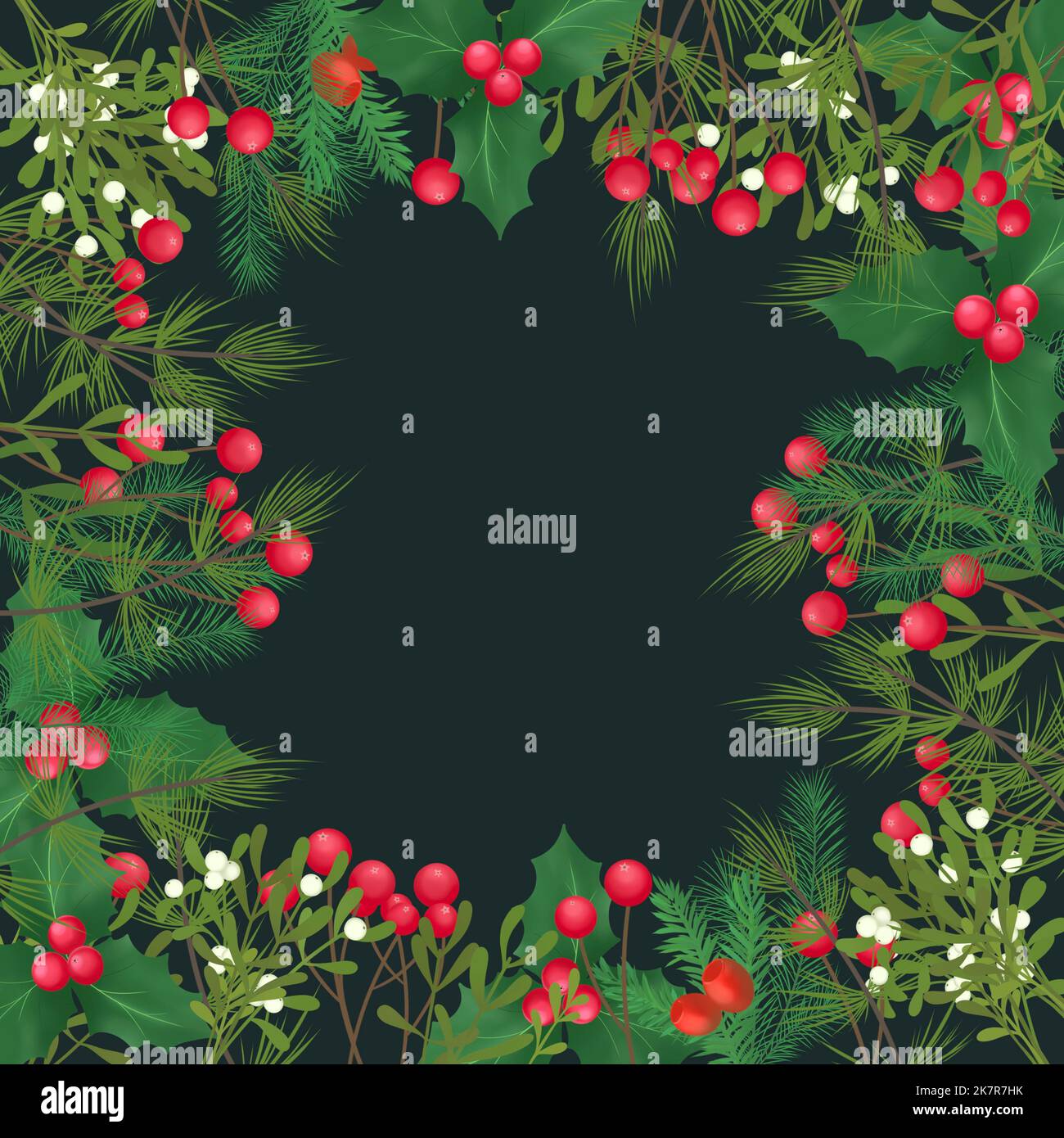 Frohe Weihnachten und Winter quadratische Karten Aquarell Kollektion. Bouquet von Holy-Beere und Pinienzweigen. Trendy Square Winterurlaub. Stockfoto