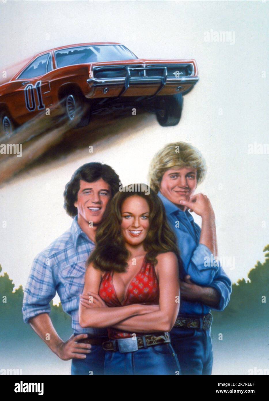 Tom Wopat, Catherine Bach & John Schneider Television: The Dukes of Hazzard (TV-Serie) Charaktere: Luke Duke, Daisy Duke, Bo Duke USA 1979-1985, / Auto: The General Lee (1969 Dodge Charger) 26 January 1979 **WARNUNG** Dieses Foto ist nur für redaktionelle Verwendung bestimmt und unterliegt dem Copyright von WARNER BROS. TV und/oder der Fotograf, der vom Film- oder Produktionsunternehmen beauftragt wurde und nur durch Publikationen im Zusammenhang mit der Bewerbung des oben genannten Films reproduziert werden kann. Eine obligatorische Gutschrift an WARNER BROS. TV ist erforderlich. Der Fotograf sollte auch bei Bekanntwerden des Fotos gutgeschrieben werden. Eine kommerzielle Nutzung kann nicht gewährt werden Stockfoto