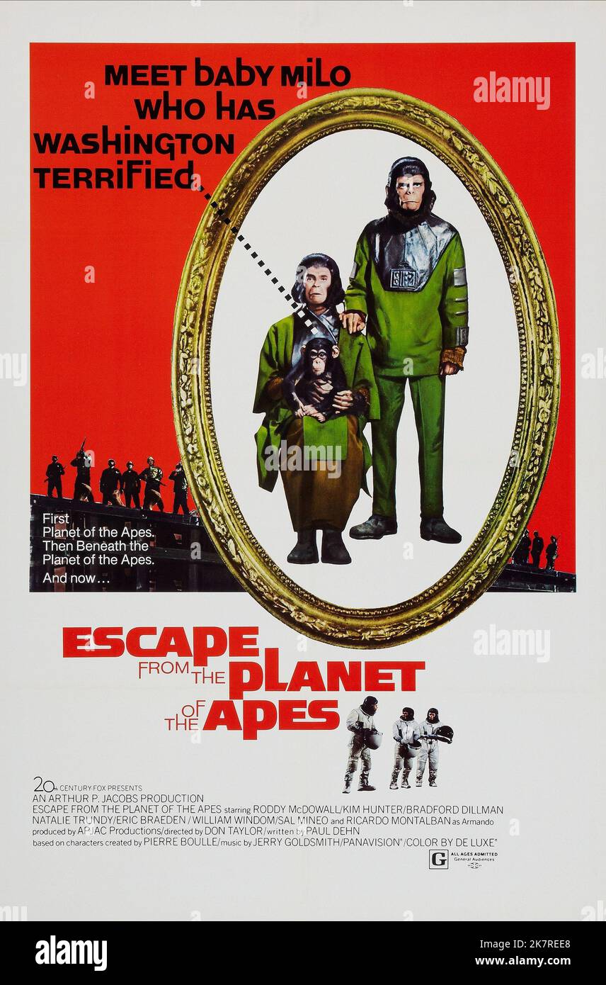 Kim Hunter & Roddy McDowall Film Escape from the Planet of the Apes (1971) Charaktere: Zira, Cornelius Regie: Don Taylor 21. Mai 1971 **WARNUNG** dieses Foto ist nur für redaktionelle Zwecke bestimmt und unterliegt dem Copyright von 20TH CENTURY FOX und/oder dem Fotografen, der von der Film or Production Company zugewiesen wurde. Eine obligatorische Gutschrift für 20TH CENTURY FOX ist erforderlich. Der Fotograf sollte ebenfalls angerechnet werden, wenn er bekannt ist. Ohne schriftliche Genehmigung der Film Company kann keine kommerzielle Nutzung gewährt werden. Stockfoto