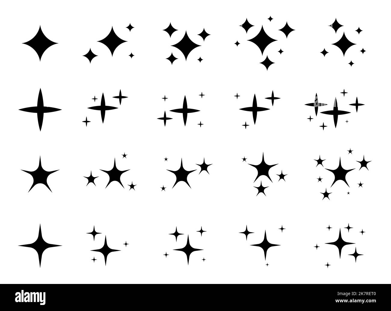 Funkelt Sterne schwarz gesetzt. Verschiedene Formen von hellen Feuerwerk glänzendes Funkeln, magisches Funkeln, Sonnenblendung Dekoration. Leuchtendes Licht, Blitzeffekt. Sternenhimmel. Funkenflug-Explosion Stock Vektor