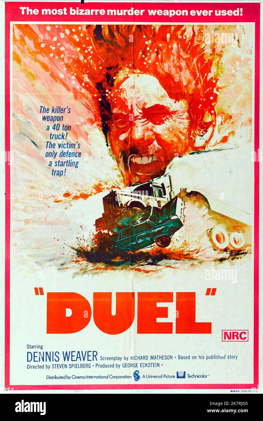 Dennis Weaver Movie Poster Film: Duel (TV-Film) USA 1971, Regie: Steven Spielberg 10. November 1971 **WARNUNG** Dieses Foto ist nur für redaktionelle Zwecke bestimmt und unterliegt dem Copyright des UNIVERSAL-FERNSEHENS und/oder des Fotografen, der von der Film- oder Produktionsfirma beauftragt wurde und darf nur von Publikationen im Zusammenhang mit der Bewerbung des oben genannten Films reproduziert werden. Eine obligatorische Gutschrift für DAS UNIVERSALFERNSEHEN ist erforderlich. Der Fotograf sollte auch bei Bekanntwerden des Fotos gutgeschrieben werden. Ohne schriftliche Genehmigung der Film Company kann keine kommerzielle Nutzung gewährt werden. Stockfoto