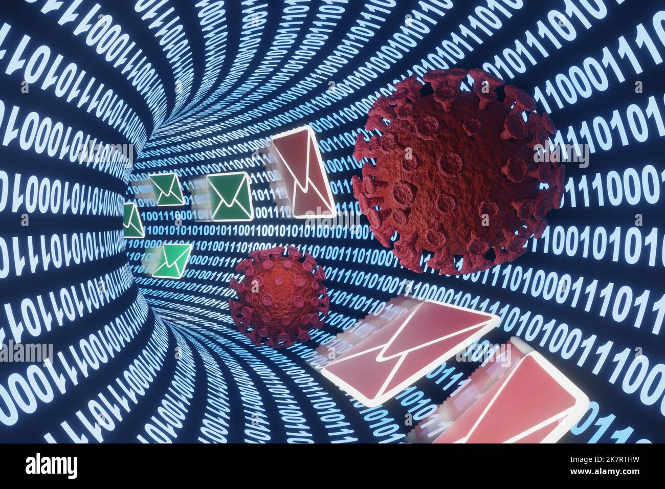 Grüne und rote Mails, die in einem digitalen Binärtunnel fließen. Illustration des Konzepts eines Malware-Angriffs während der E-Mail-Zustellung Stockfoto