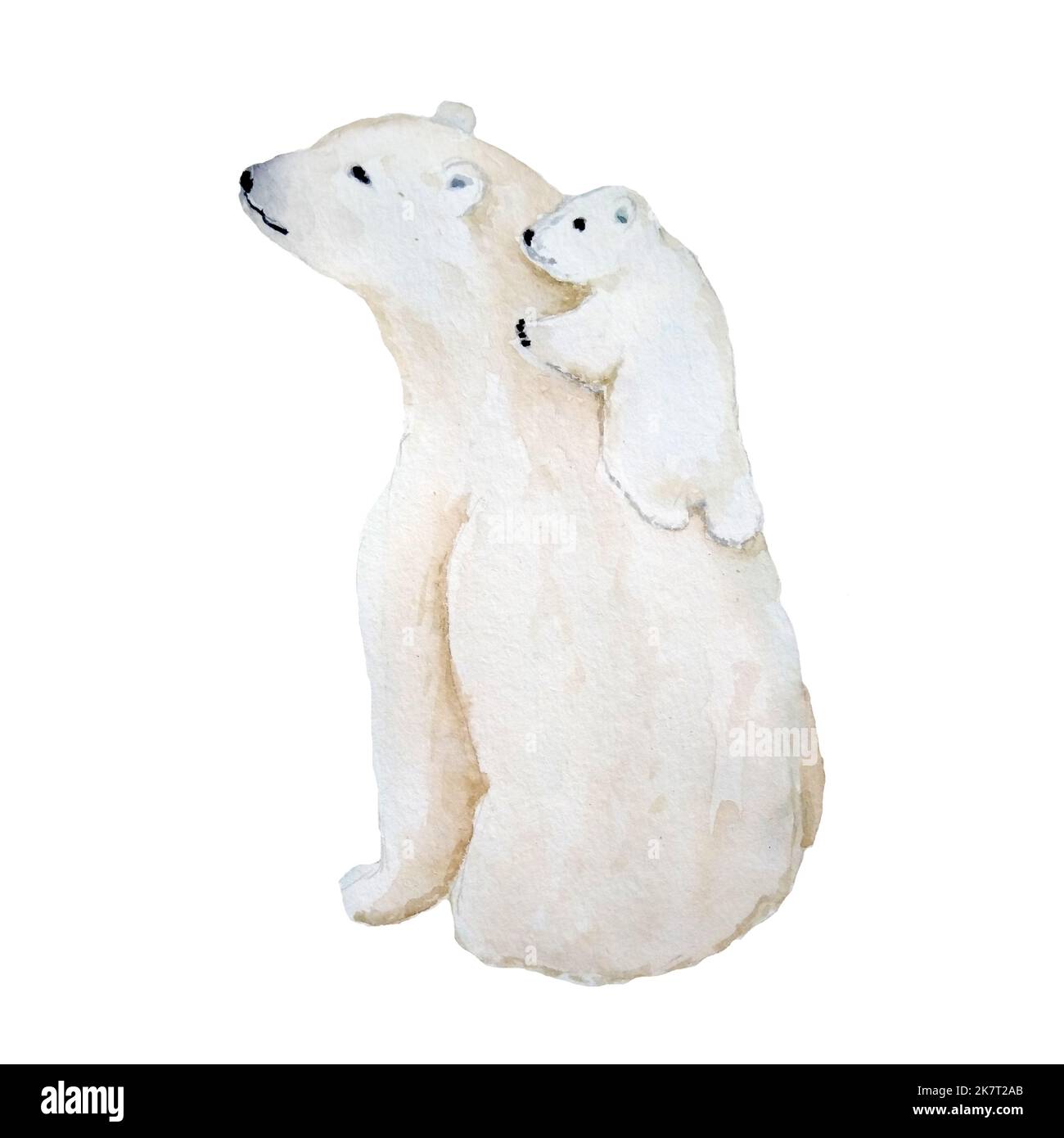 Aquarell handgezeichnete Illustration eines polaren weißen Bären. Tier Mutter Baby Junge Kind, nordischen Nordpol bedrohte Arten auf Eis Schnee Landschaft, ursus Klimaschutz Tundra Umwelt Stockfoto