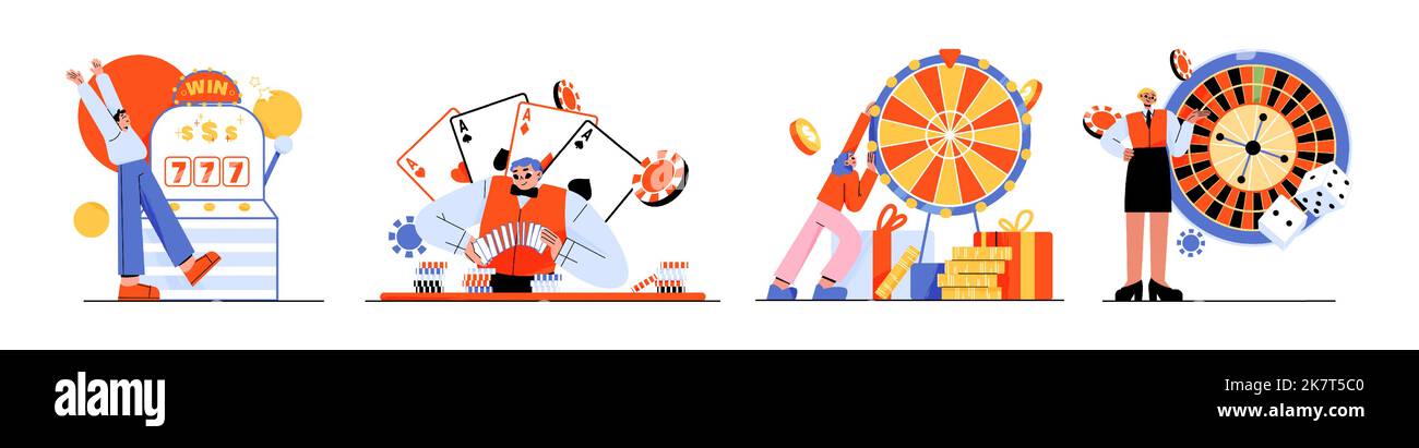 Menschen spielen Casino und Glücksspiel Spiele isoliert gesetzt. Glücksspiel-Konzept mit männlichen und weiblichen Charakteren Spin Roulette, Spielautomaten, Poker und Lotterie Glück Spiele, Linear flache Vektor-Illustration Stock Vektor