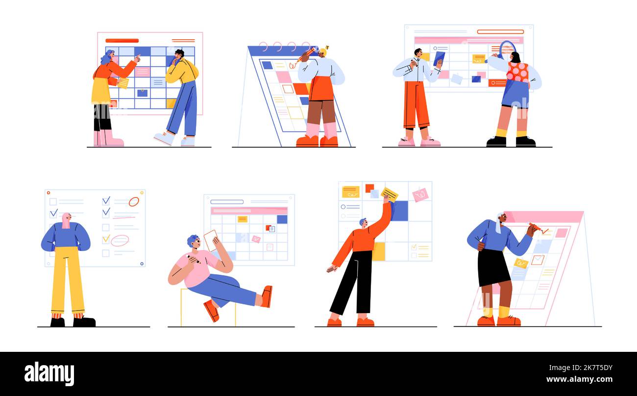 Menschen organisieren Arbeit, planen Aufgaben mit Kalender und Checklisten. Konzept der Agenda, des Geschäftsmanagements, des Routinezeitplans. Diverse Personen mit Aufgabetafeln, Vektor-flache Illustration Stock Vektor