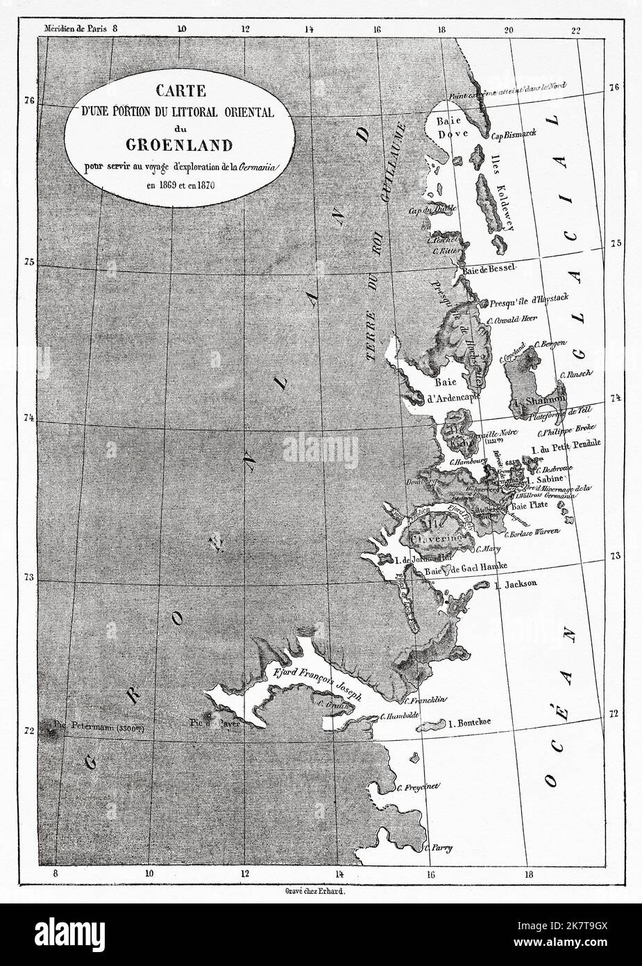 Karte eines Teils der Ostküste Grönlands für die Erkundungsreise von La Germania in den Jahren 1869-1870. Zweite deutsche Expedition zum Nordpol mit den Schiffen Germania und Hansa, 1869 Stockfoto