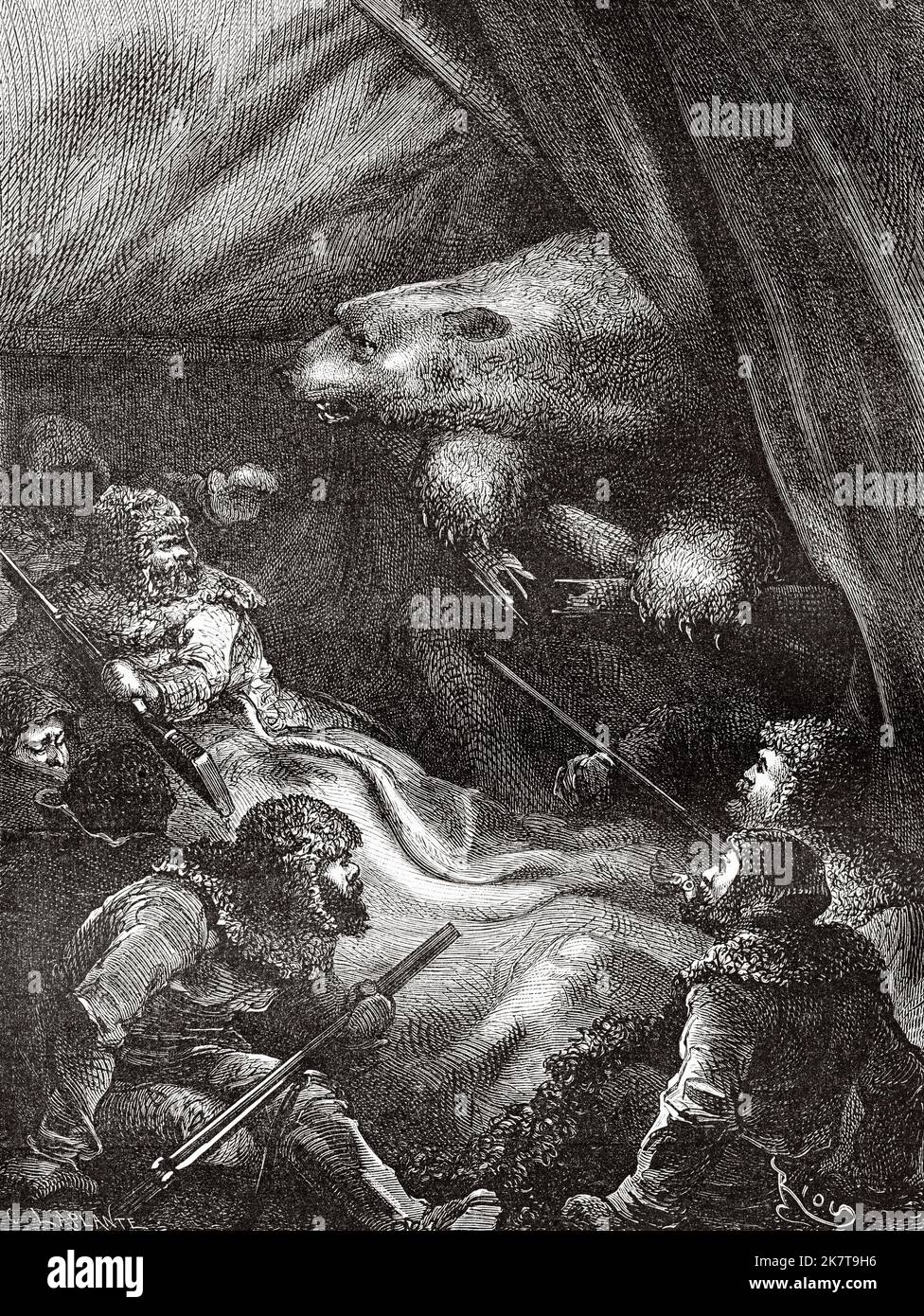 Ein Eisbär greift die Germania-Besatzung in ihrem Zelt an. Zweite deutsche Expedition zum Nordpol mit den Schiffen Germania und Hansa, 1869 Stockfoto