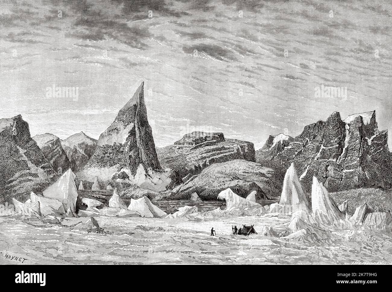 Mitglieder der zweiten Nordpolarexpedition auf der King William Insel in der Kitikmeot Region von Nunavut, wo sie Teil des kanadischen arktischen Archipels ist. Zweite deutsche Expedition zum Nordpol mit den Schiffen Germania und Hansa, 1869 Stockfoto