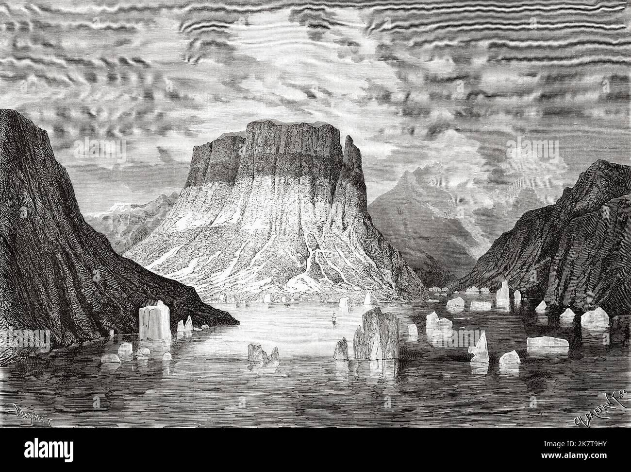 Devil's Castle Mountain, Kejser Franz Joseph Fjord, Northeast Greenland National Park, Grönland. Zweite deutsche Expedition zum Nordpol mit den Schiffen Germania und Hansa, 1869 Stockfoto