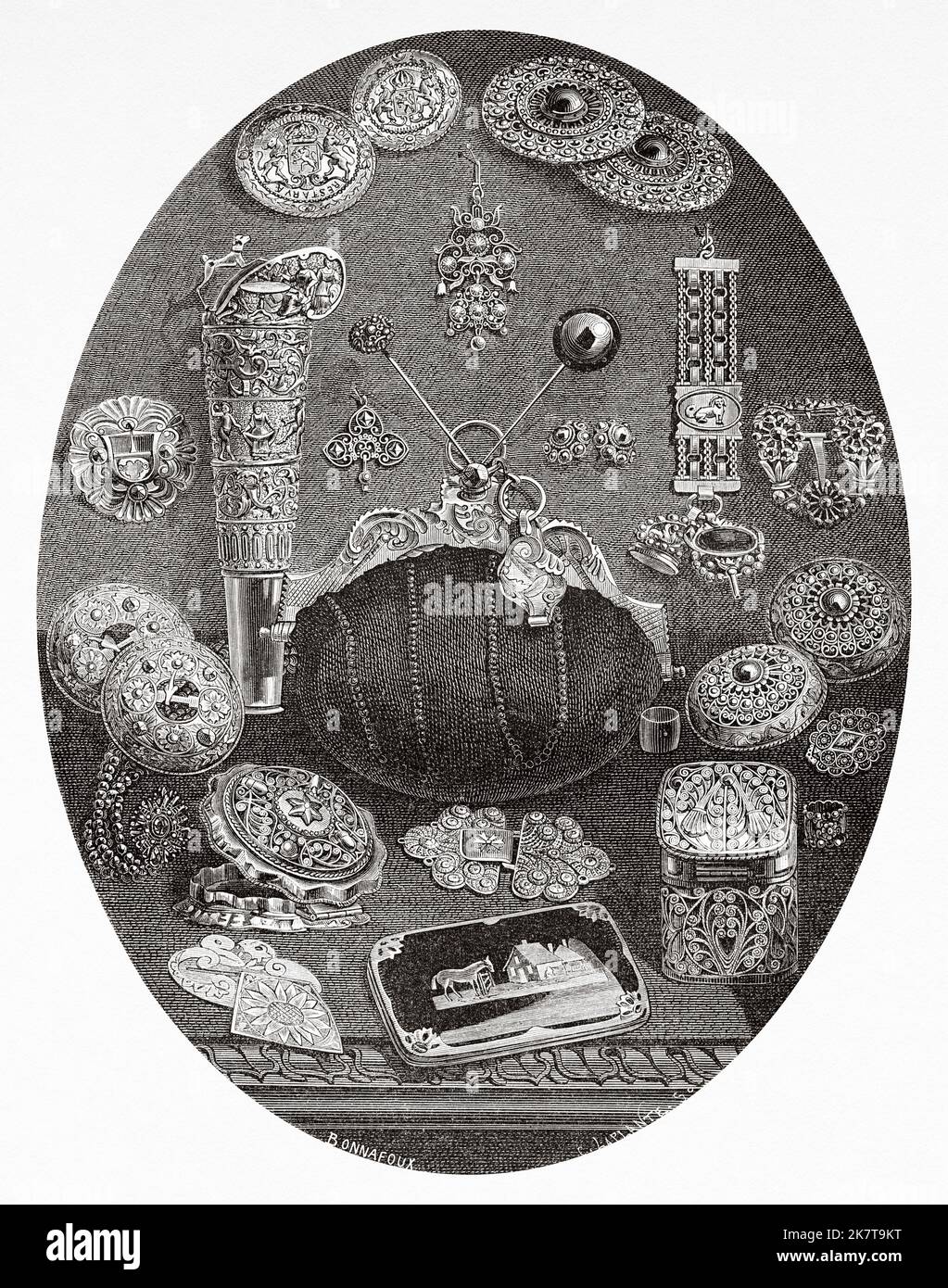 Juwelen von Bauern und Bauern aus Zeeland. Niederlande, Europa. Ausflug nach Zeeland mit Charles De Coster 1873 Stockfoto