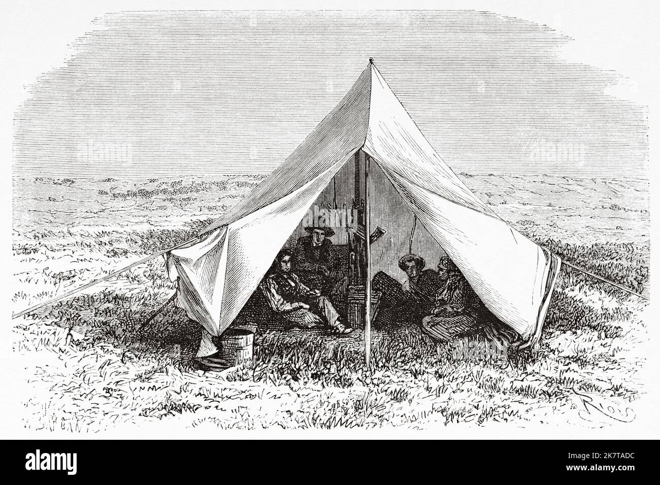 Männer ruhen in einem Zelt. Yellowstone-Nationalpark, Wyoming USA. Der US-Nationalpark von Ferdinand Vandeveer Hayden, Gustavus Cheyney Doane und Nathaniel Pitt Langford, 1870-1872 Stockfoto