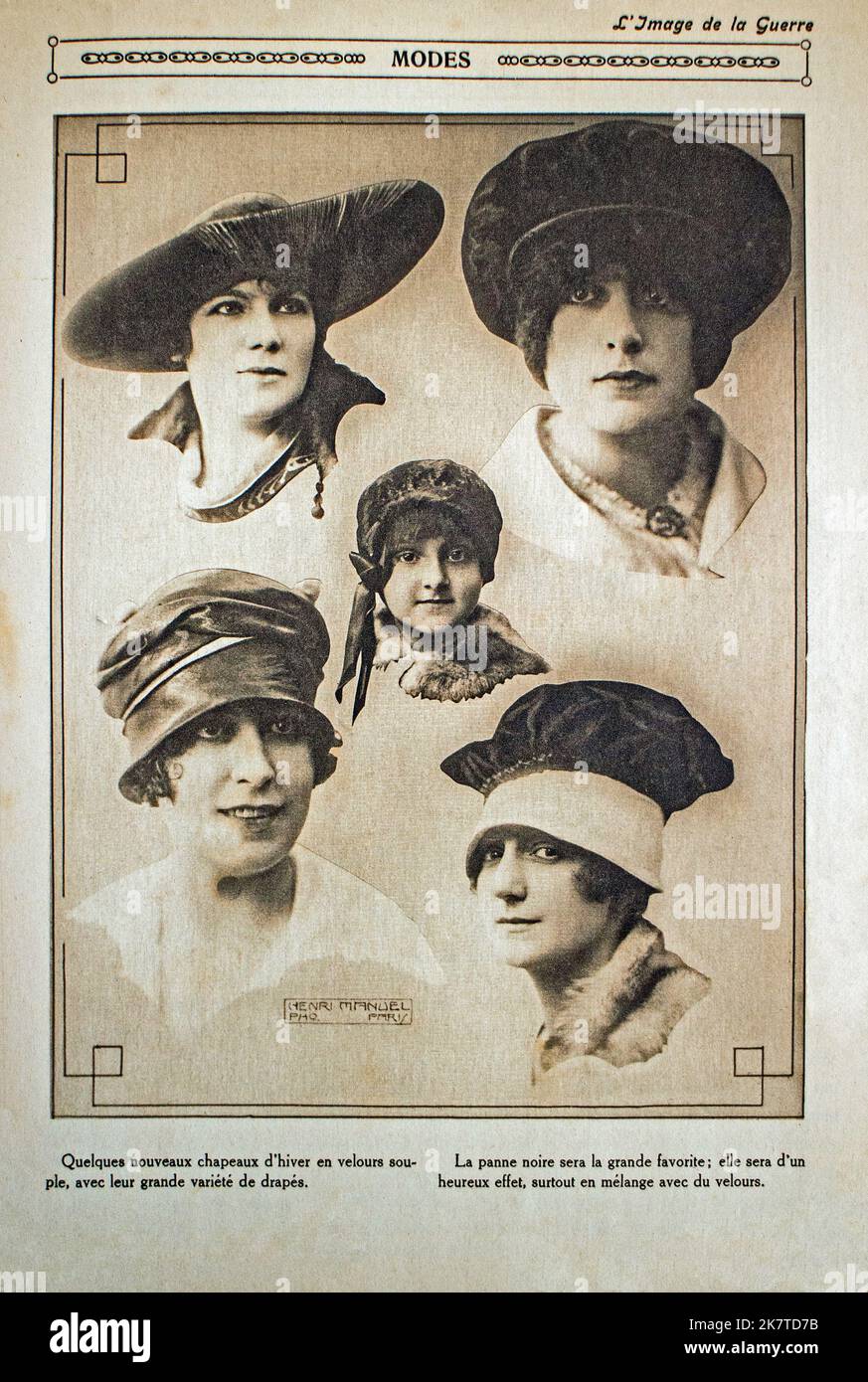 Modische Hüte im Jahr WW1 - Illustration des französischen Fotografen Henri MANUEL (1874-1947) Stockfoto