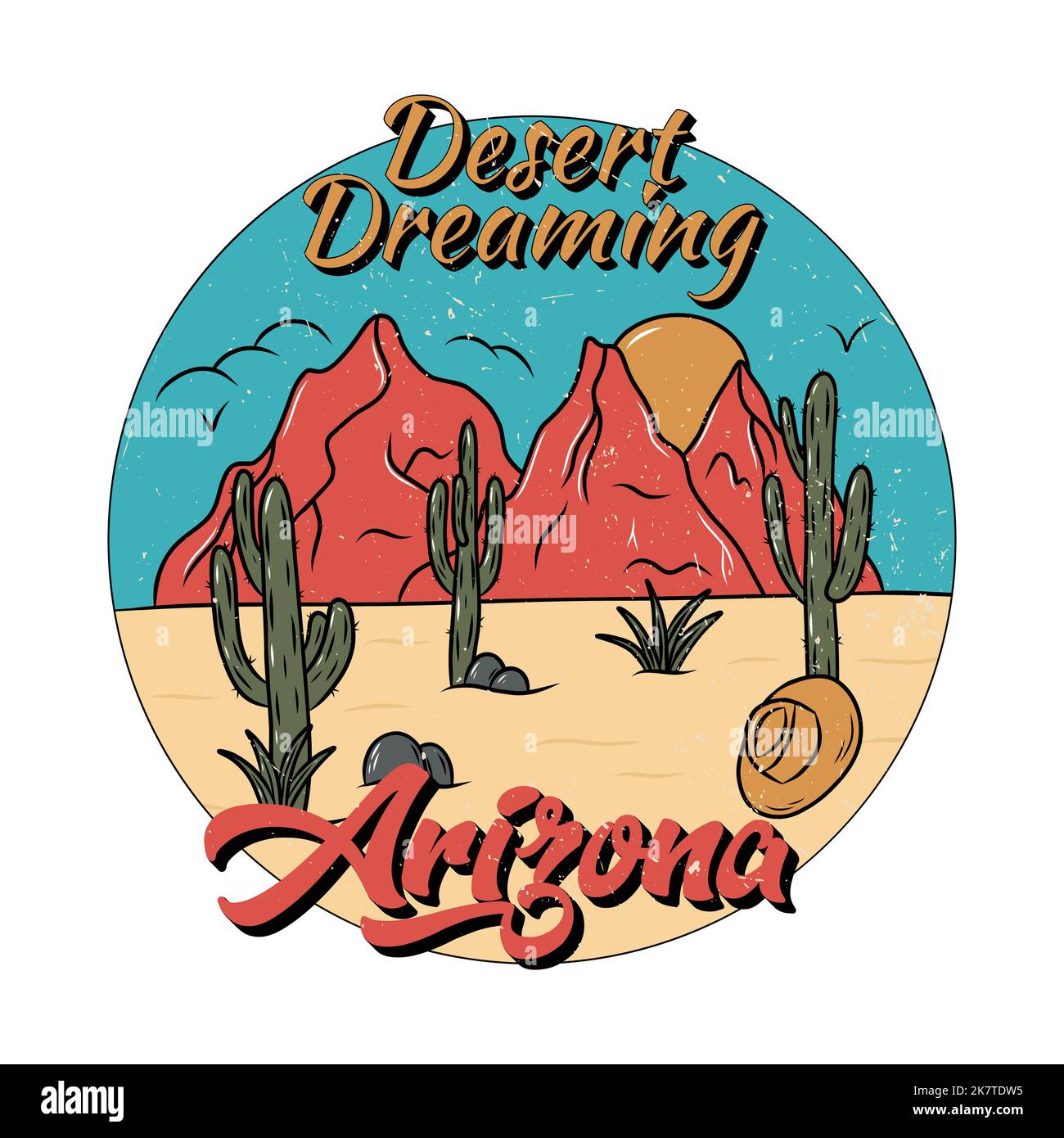 Arizona Wüste vibes mit Kaktus und Berg. Print-Design für Kleidung, Aufkleber, T-Shirt und andere. Retro-Illustration im Vintage-Stil Stock Vektor