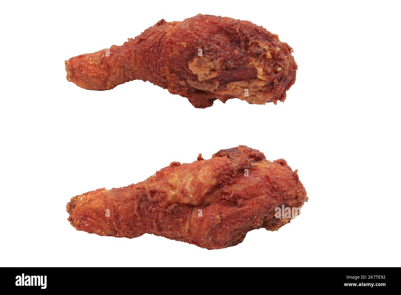 Knusprig gebratenes Huhn Drumsticks Rezept isoliert auf weißem Hintergrund mit Clipping Pfad Stockfoto