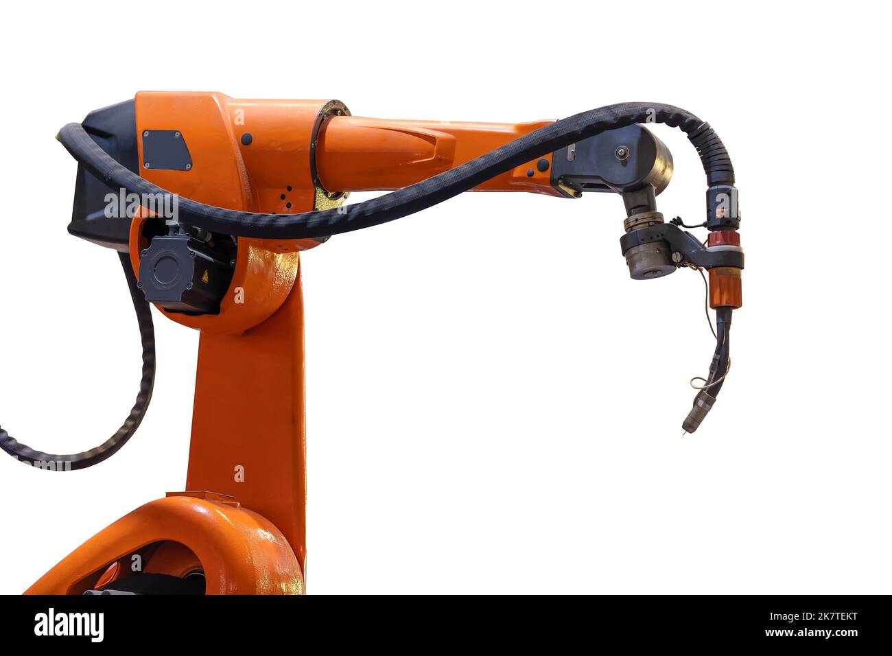 Orange Schweißroboter Arm für die Automatisierung Metallschweißindustrie Fabrik isoliert auf weiß Stockfoto