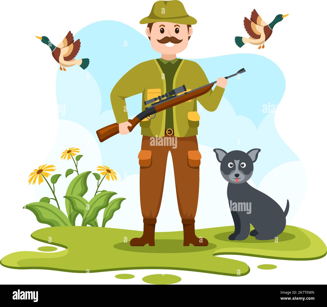 Jäger mit Jagdgewehr oder Waffe Schießen auf Vögel oder Tiere im Wald auf flache Cartoon Hand Zeichnung Vorlage Illustration Stock Vektor