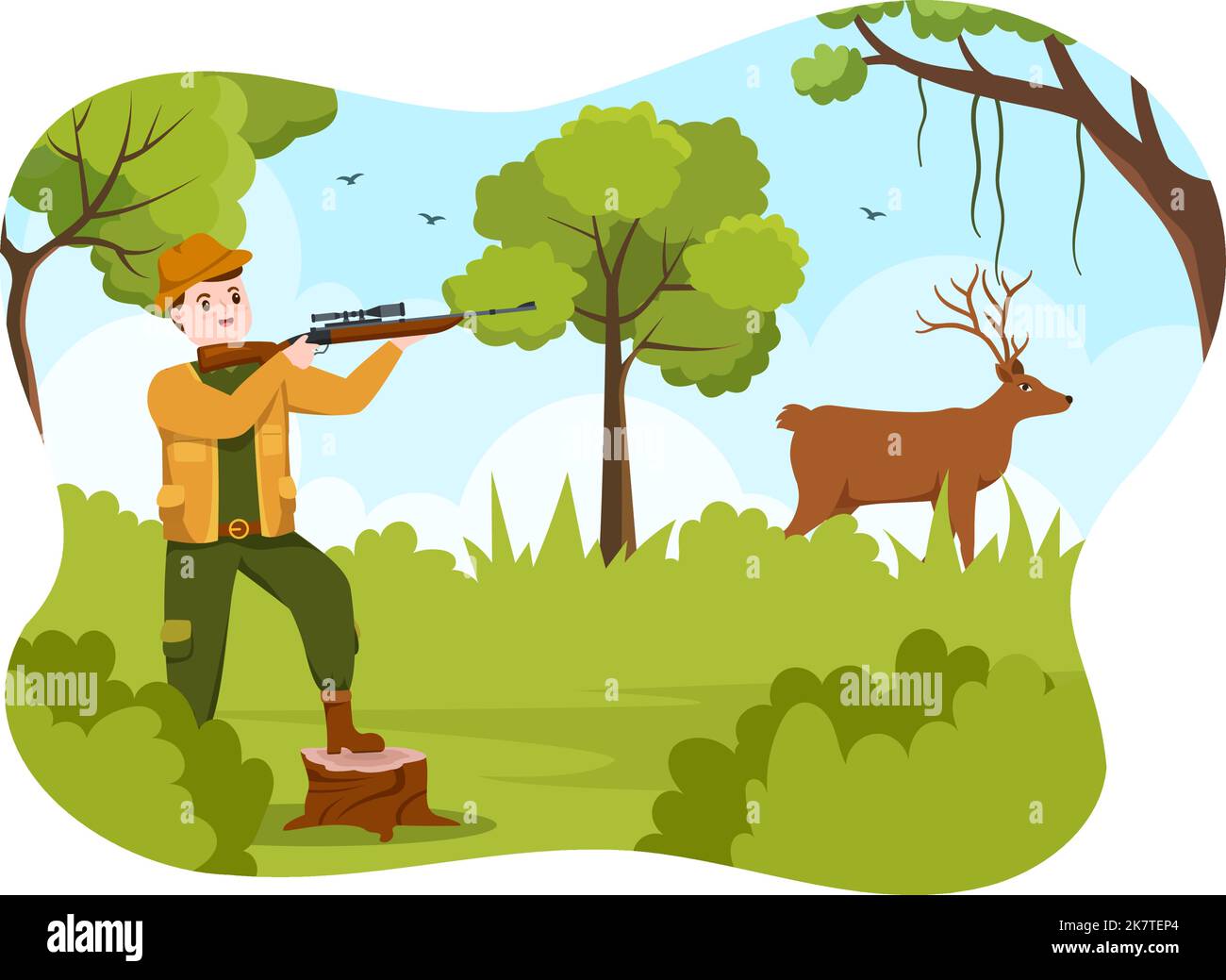 Jäger mit Jagdgewehr oder Waffe Schießen auf Vögel oder Tiere im Wald auf flache Cartoon Hand Zeichnung Vorlage Illustration Stock Vektor