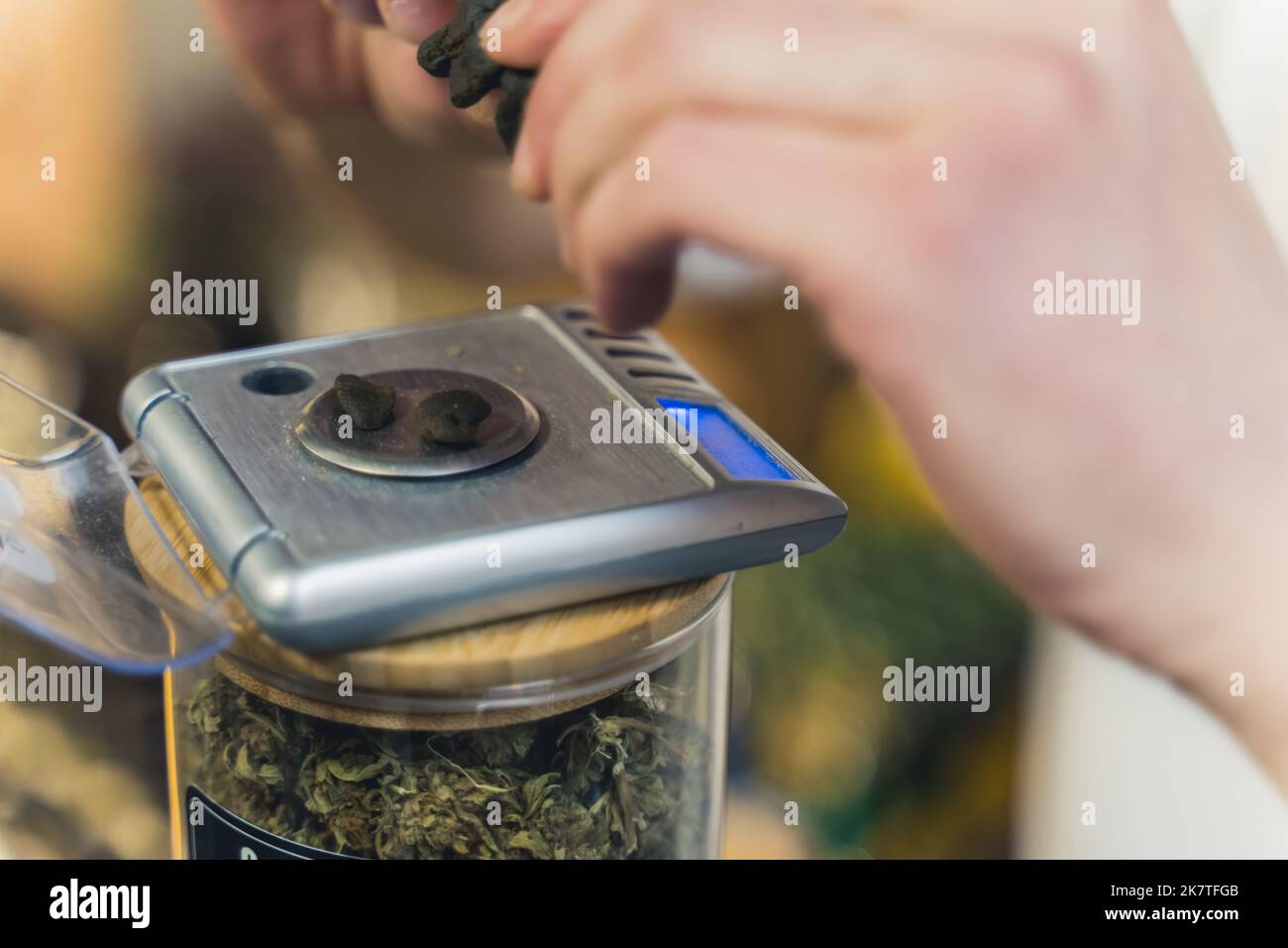 Kleine Stücke CBD-Haschisch auf einer Skala. Cannabisextrakt. Alternative Kräutermedizin Konzept. Hochwertige Fotos Stockfoto