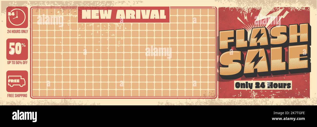 Flash-Verkauf. Mit neuer Ankunft Produktplatzierung. Verkauf Förderung Banner Vintage-Stil Vektor-Illustration Stock Vektor