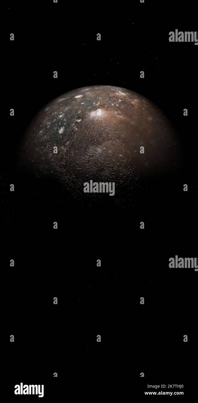 Callisto, Jupiters Mond, rotiert in seiner eigenen Umlaufbahn im Weltraum Stockfoto
