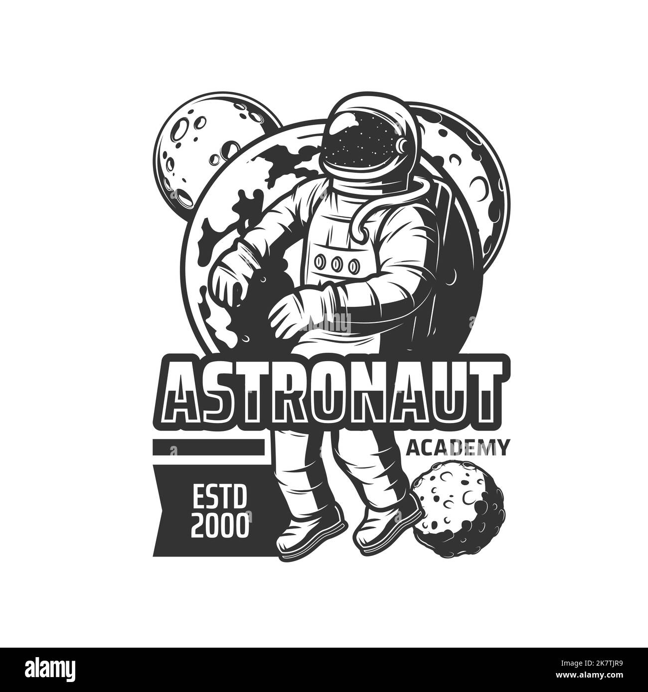 Retro-Ikone der Astronaut Academy. Weltraumprogramm Kosmonauten Trainingszentrum monochromen Vektor-Emblem mit fliegen im Weltraum Schwerelosigkeit Astronaut, Sonnensystem Planeten, Erde, Mond und Planeten Stock Vektor