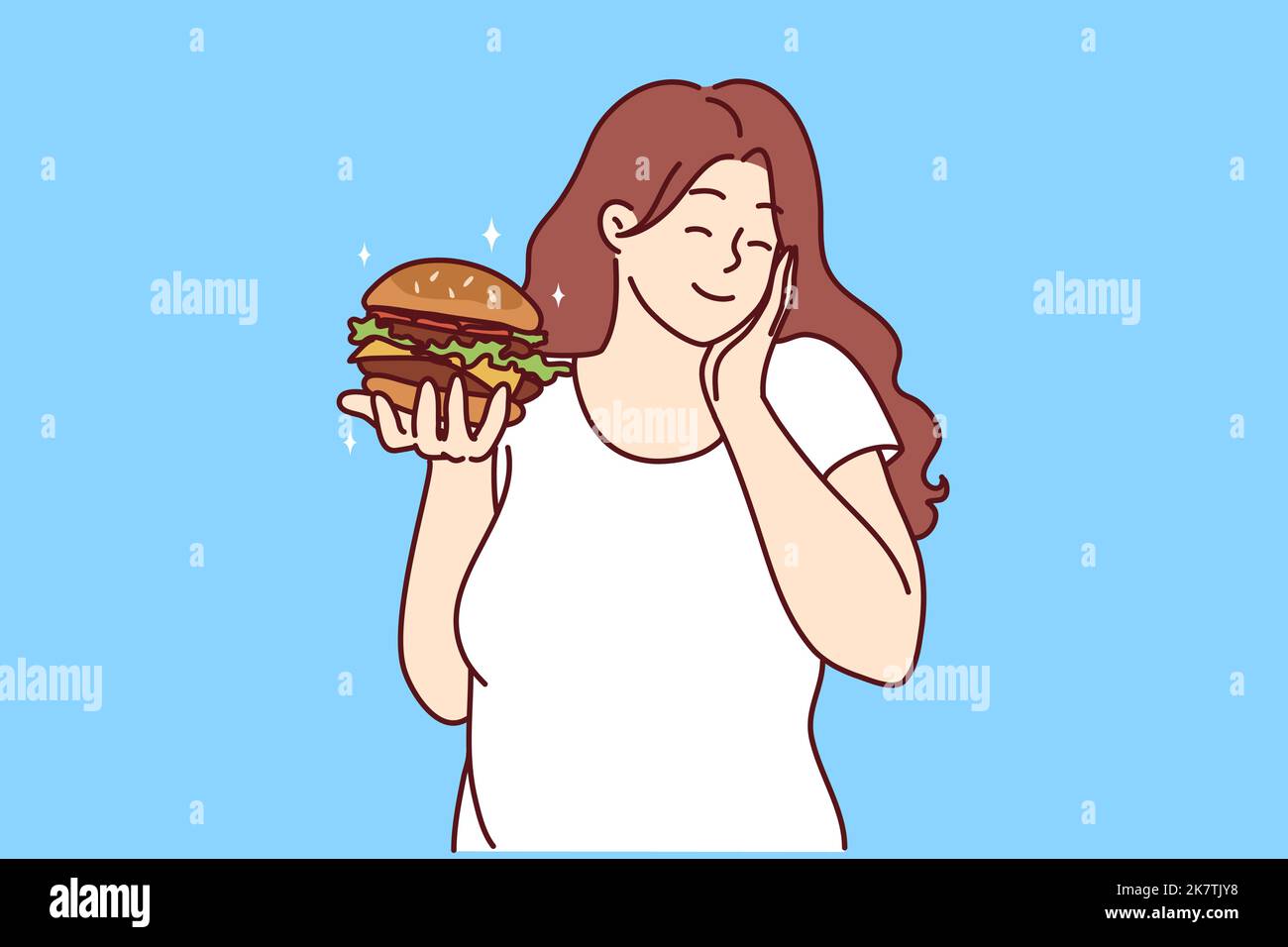 Glückliche übergewichtige Frau hält Burger begeistert von Fast Food. Lächelndes fette Mädchen essen fetthaltige ungesunde Hamburger. Ernährung und Ernährung. Vektorgrafik. Stock Vektor