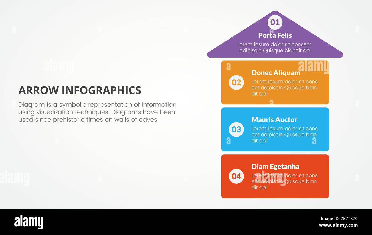 Infografik-Präsentationsvorlage im Pfeilstil mit moderner flacher Farbe und einem vertikalen Vektor mit 4 Pfeilen auf der rechten Seite Stockfoto