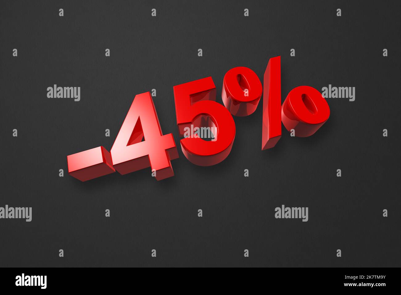 45 % Rabatt. Bieten Sie einen Verkauf an. 3D Abbildung isoliert auf Schwarz. Aktionspreis Stockfoto