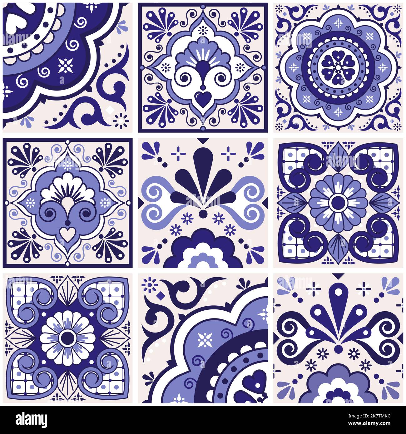 Mexikanische talavera Fliesen Vektor nahtloses marineblaues Muster mit Blumen, Blättern, Herzen und Wirbeln - großes Set, repetitives Design gestylt als mexikanische Ornamente Stock Vektor